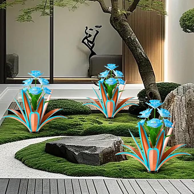 TOMBABY Huge Metal Agave Plants Outdoor Decoration Outdoor Garden Decorated with Flowers Mexican Yard Art Plant Garden Gift (Blue 1 Pack)