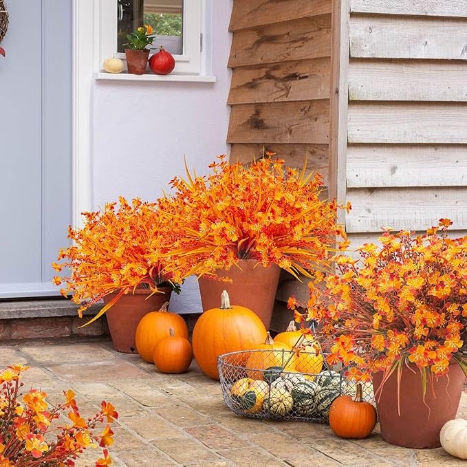 Grunyia 12 Bundles Artificial Fall Flowers for Outdoors Fake Plants UV Resistant Plastic Plants Shrubs Bushes for Home Fall Front Door Porch Garden Autumn Decor (Fall Red)