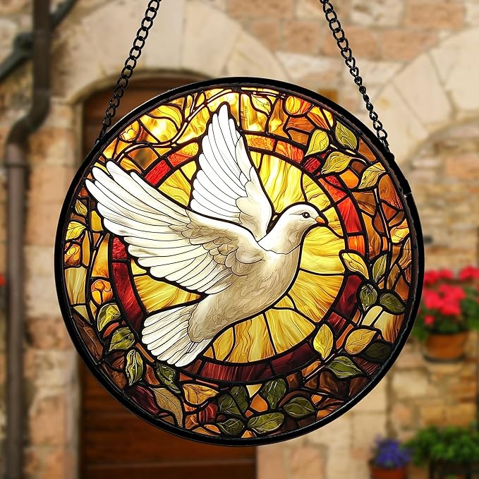 DASTOLL Stained Glass Window Hanging, Flying White Dove Sun Catchers Diamond Glass Panel Hangings Cute Birds Suncatcher Decor for Birthday for Women, Men, Wife, Aunt, and Mom 9.8X9.8 in