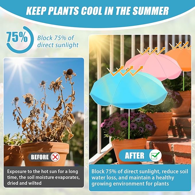 Axcoix 2 Pack Upgraded Plant Umbrellas for Outdoor Plants, 26" Larger Garden Plant Umbrella Shade with Adjustable Angle, 43.4" Higher Sun Shade for Plants, Potted Plant, Garden Beds (Pink & Blue)