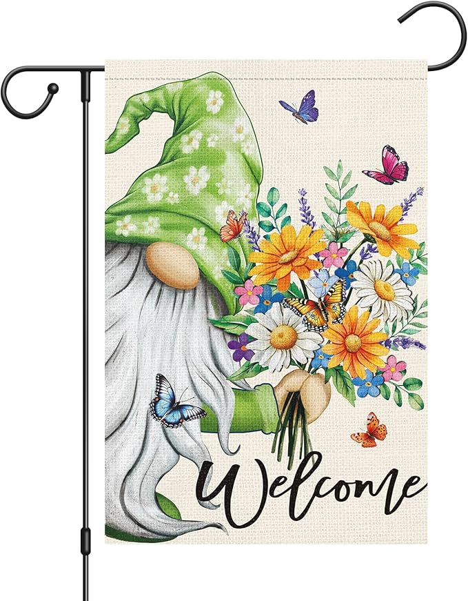 Louise Maelys Spring Welcome Garden Flag Gnome Floral Double Sided 12x18 Inch Flower Small Burlap Seasonal Holiday Yard Outdoor Flag Outside Home Decoration (Only Flag)