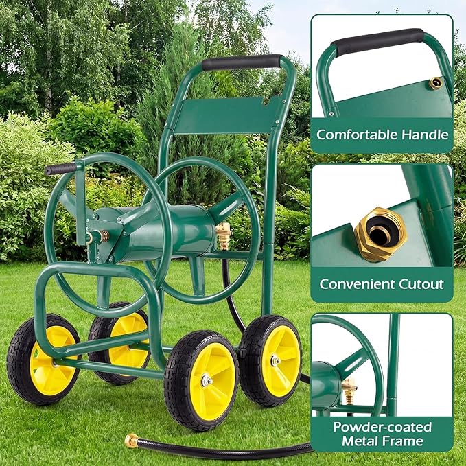Garden Hose Reel Cart, Mobile Water Hose Cart with Heavy-duty Metal Frame & 4 Solid Wheels, Hold up to 330 ft of 5/8" Hoses, Outdoor Planting Tool for Lawn & Backyard (Green)