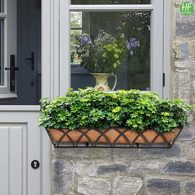 HFHOME 24 inch Window Deck Rail Planter Including Coco Liner, 24" Dia Window Box Horse Trough with Coconut Coir Liners, Black Metal Hanging Flower Planter Basket for Indoor Outdoor Lawn - Set of 2