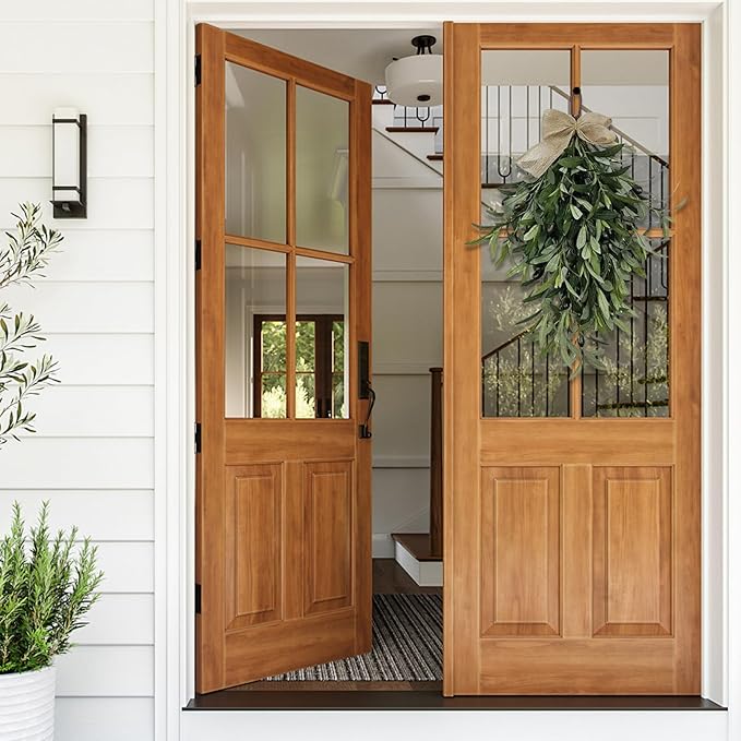 Olive Wreath 24 Inch Artificial Olive Wreaths for Front Door Hanging Teardrop Swag Greenery with Burlap Bow for Front Door Wall Wedding Arch