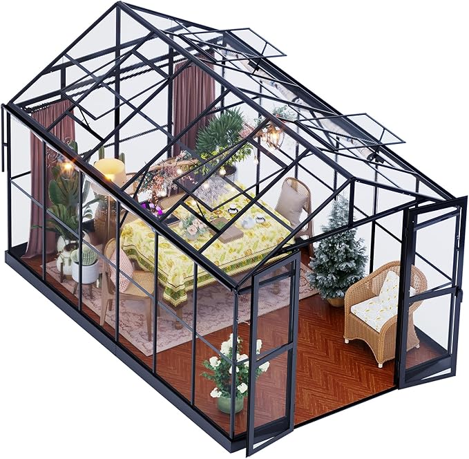 Jocisland 8x12x7.5 FT Greenhouse - Outdoor Aluminum Polycarbonate Greenhouse with Ventilation and Rain Gutter, 4 Swing Doors with Hook, Walk in Greenhouse for Outdoors Backyard Garden, Black