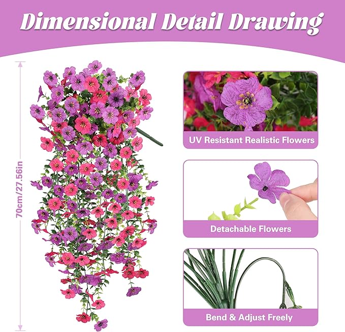 AmberFun Artificial Hanging Flowers for Outdoors,No Fade 2 Bundles Fake Silk Flowers for Outside, Realistic Faux Plants Decorations for Hanging Baskets, Planters-Porch, Patio, Yard Decor