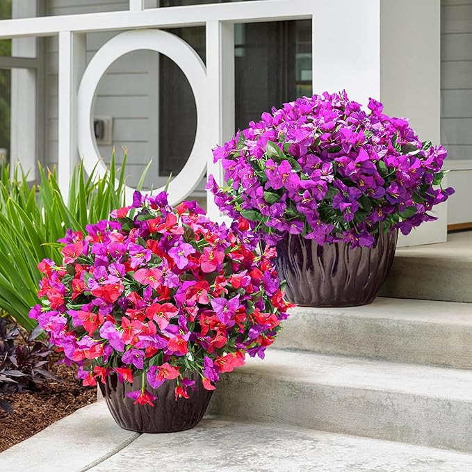 Fake Bougainvillea Artificial Flowers for Outdoors Spring Summer Decor, 4 Bundles Realistic Faux Silk Outside Flowers UV Resistant Faux Plants for Planter Patio Front Door Window Garden Home, Purple