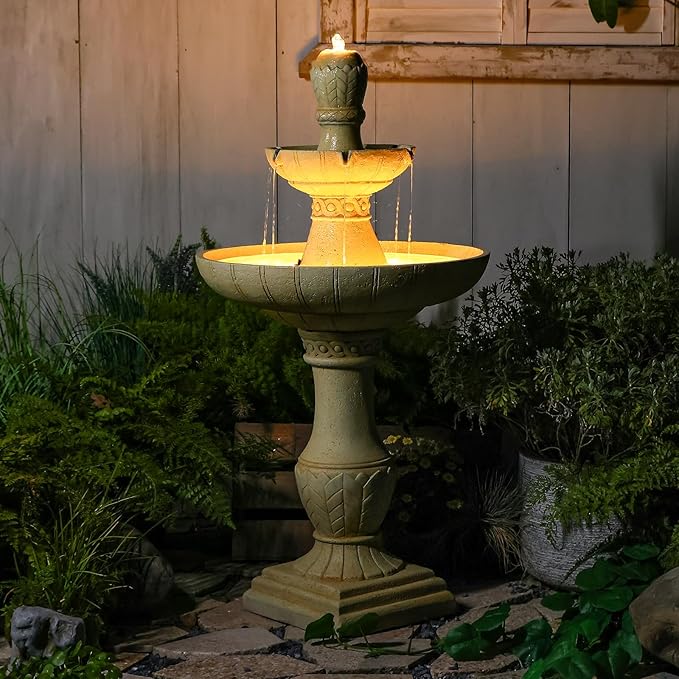 45.28H 3-Tier Outdoor Water Fountain with LED Lights Large Italian Resin Garden Fountain for Patio Yard Weather-Resistant Cascading Waterfall Feature with Quiet Pump