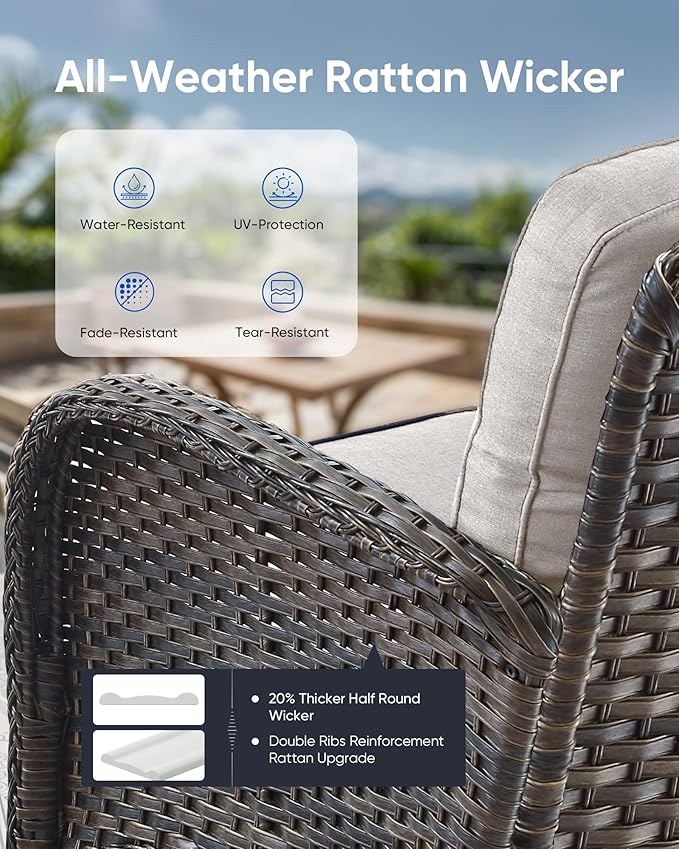 5 Pieces Outdoor Wicker Patio Furniture Set-High Back Outdoor Rocking Chairs Set of 2 with Ottoman Patio Conversation Sets for Deck Lawn Porch Balcony Poolside-Brown/Beige