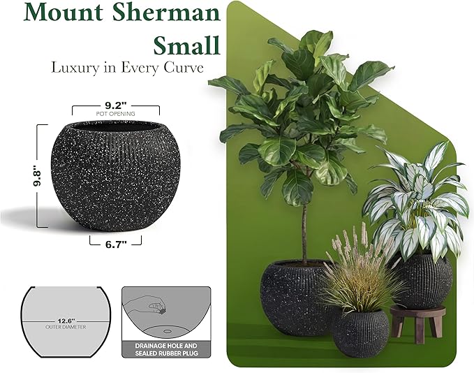 DTY Signature Mount Sherman 12.6''D x 9.8''H Modern Indoor Outdoor Fiberstone Sphere Planter, Durable Round Garden Pot, Weather Resistant, Drainage Hole & Rubber Plug (Ribbed Black, Small)