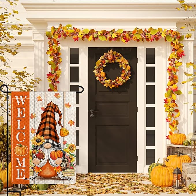Thanksgiving Day Gnome Garden Flags for Outside, Welcome Fall Garden Flags 12x18 Double Sided, Rustic Pumpkin Sunflower Turkey Holiday Lawn Flags, Fall Gnomes Decorations for Yard Farmhouse