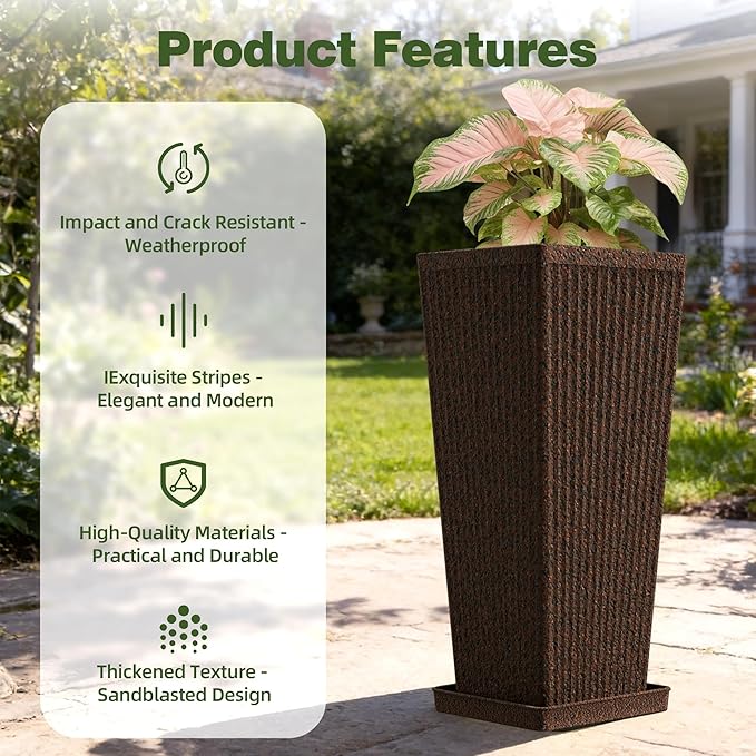 Trygoal Square Tall Planters for Outdoor Plants Set of 2-23.6" Heavy-Duty Classic Tapered Indoor Flower Pots with Drainage Holes/Partition/Tray, Large Outdoor Planters for Porch Patio Garden, Brown