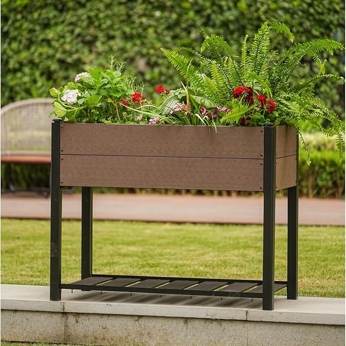 42" l x 33"h HDPE Elevated Garden Bed with Storage Shelf - Wood Grain Finish, All-Weather Standing Planter Box with Sturdy Black Aluminum Frame for Vegetables, Herbs on Patio, Balcony & Outdoors