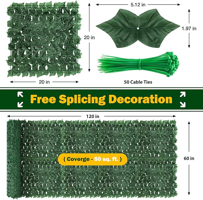 QIAOKAIYAN Artificial Ivy Privacy Fence Screen - 120''(L) x 60''(W) Greenery Wall Panels for Outdoor Fence, Balcony, Patio or Garden Decor, Dense Green Backdrop Panel, Faux Grass Panels with Zip Ties