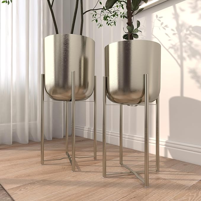 Deco 79 Metal Indoor Outdoor Planter Deep Recessed Dome Large Planter Pot with Removable Stand, Set of 2 Planters 19", 22"H, Silver