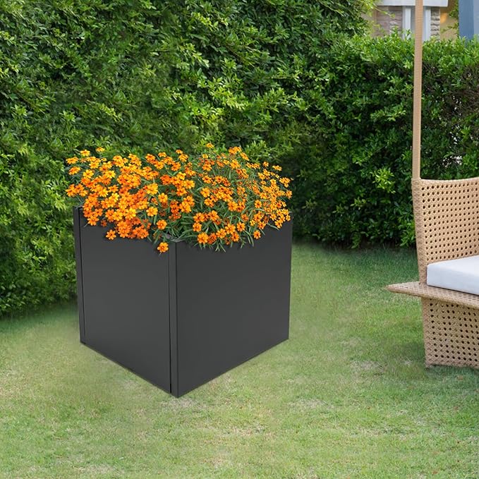 16~32inch Steel Planter Square Outdoor Planters Box Indoor Metal Large Planters Cube, Heavy Duty Flower Pot Modern for Commercial Residential Home Garden Porch Hotel Patio (Black, 16×16×16in)