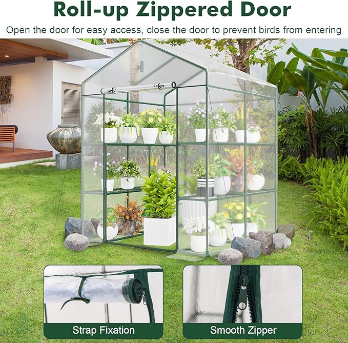 Happygrill Greenhouse, Portable Greenhouses for Outdoors w/8 Shelves, Roll-Up Zippered Door, 2 Observation Windows & 2 Tiers, Weather-Proof PE Cover, Wind Rope (Transparent, 55” x 57” x 77”)