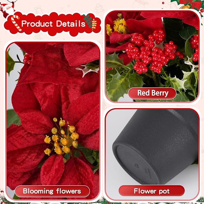 14" Artificial Poinsettias Christmas Plants with Red Berry Fake Poinsettia Flowers in Pot for Home Garden Portch Office Indoor Outdoor Christmas Decorations Red