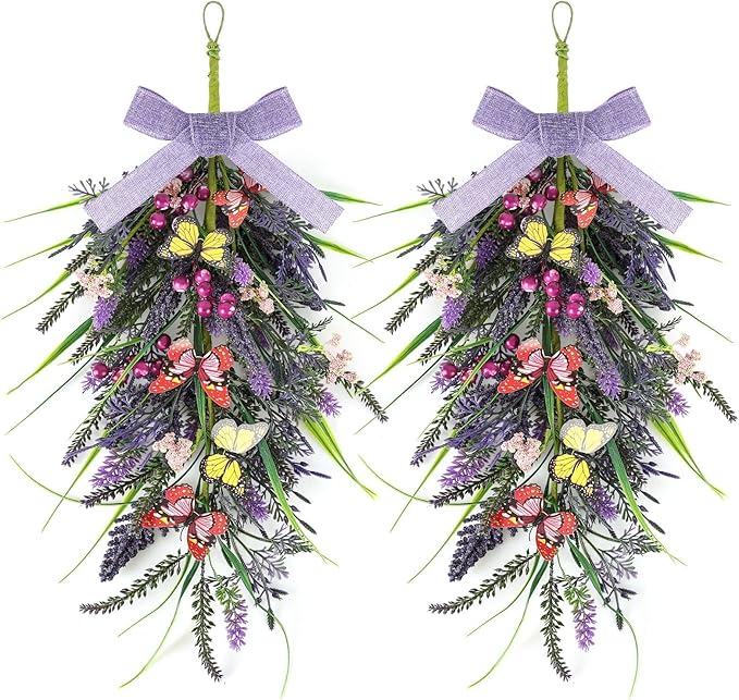 2 Pcs 24inch Artificial Lavender Teardrop Wreaths Swag Spring Summer Butterfly Lavender Purple Wreath Swag Hanging Decoration for Kitchen Cabinet Doors Windows Walls Party Home Decor