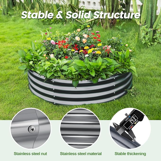 Land Guard 2×2×0.95ft Galvanized Raised Garden Bed Kit, Round Galvanized Planter Raised Garden Boxes Outdoor, Large Metal Raised Garden Beds for Vegetables, Modern Gray