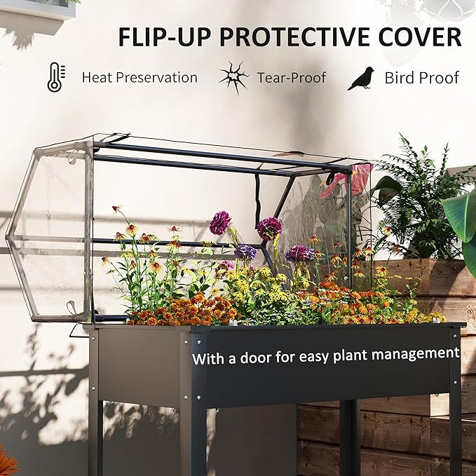 Outsunny Raised Garden Bed with Flip-Up Greenhouse Cover, Elevated Planter Box with Legs and Drainage Hole for Vegetables Flowers Herbs, 39.4" x 18.9" x 48.8", Black