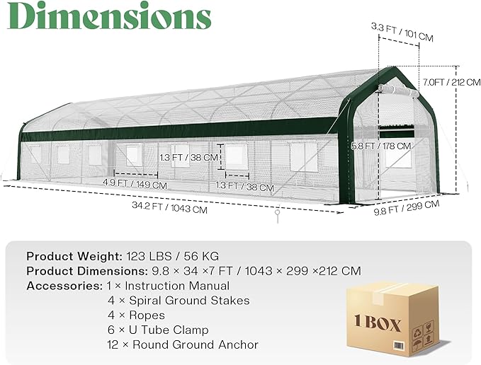 AMERLIFE 34x10x7 FT Large Walk-in Tunnel Greenhouse for Outdoors with Watering System 2 Zipper Rolling Doors, Heavy Duty Greenhouse Upgraded Galvanized Steel Frame 14 Windows, White/Green