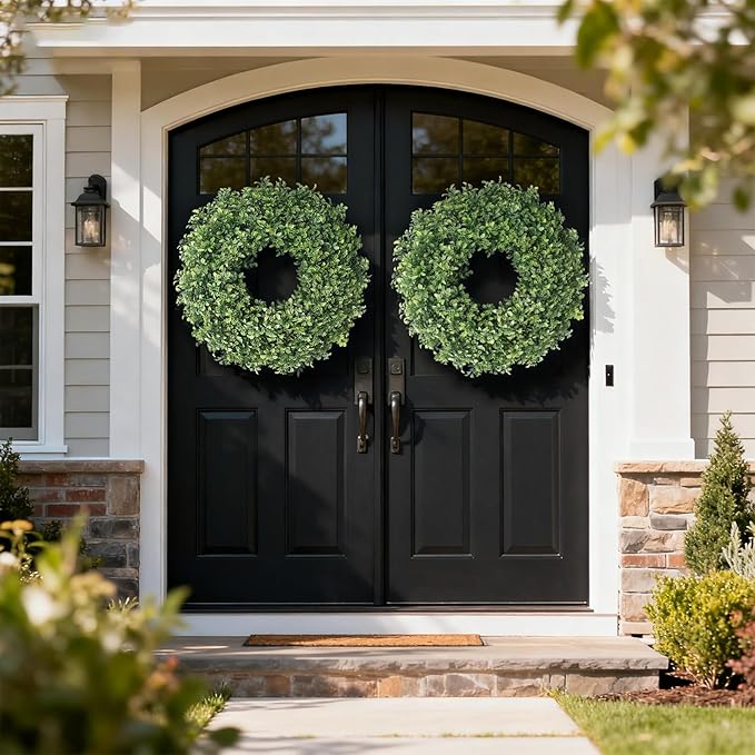 26" Artificial Boxwood Wreath for Front Door - Large Faux Aglaia Odorata Wreath, Fake Eucalyptus Leaves Plants for Wall Window Farmhouse Outdoor Decor - Spring, Summer, All Seasons (Green)