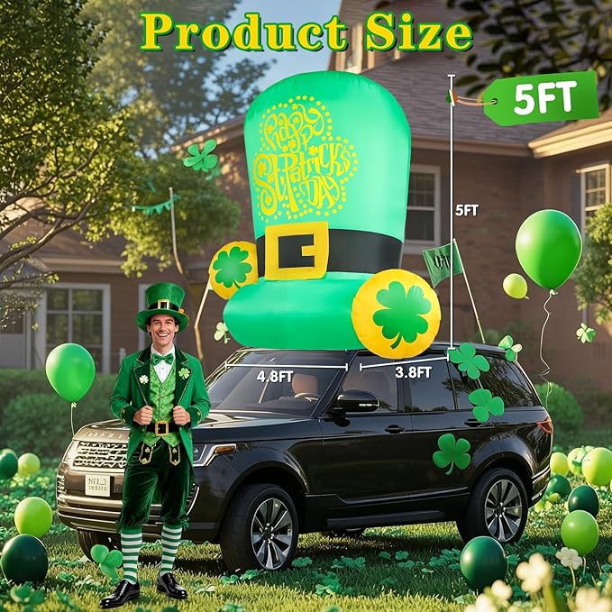 5FT St Patricks Day Inflatables Outdoor Decorations Car Roof Decoration Blow Up Leprechaun Hat Decor with Built-in LED Lights for Vehicle Yard Lawn Garden Outside Indoor Holiday Party