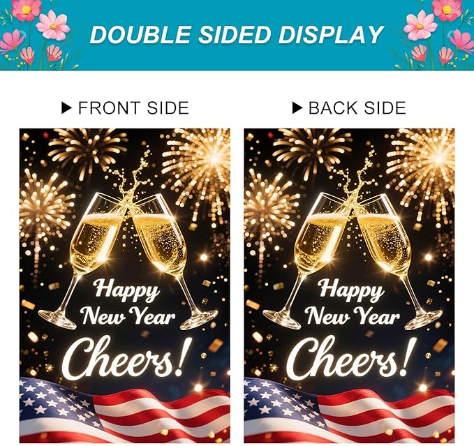 Happy New Year House Flag 28x40 Inch Double Sided Garden Flag Cheers Champagne Glasses and American Flag Design Winter Holiday Yard Banner Large Outdoor Flag for Porch Lawn Home Decoration