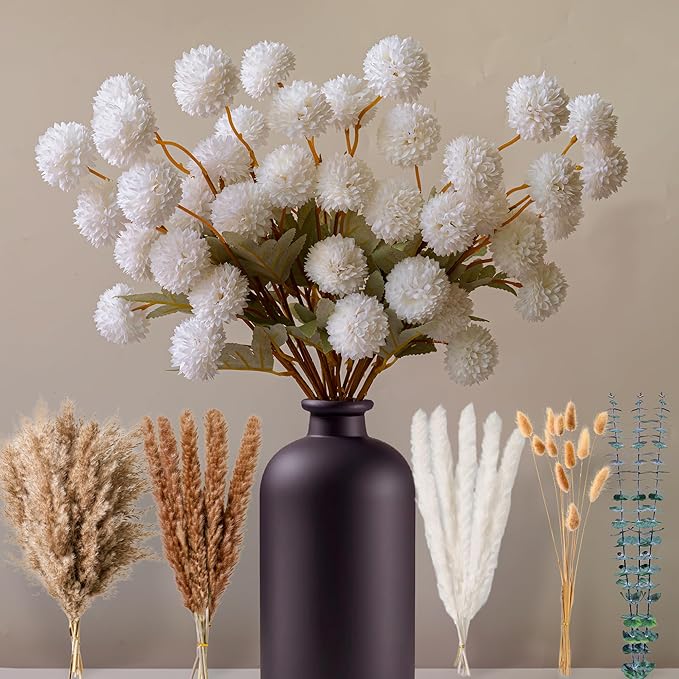 High-End Faux Flower Bouquet with Dried Pampas Grass Decor – Realistic Artificial Flowers Indoor | Faux Peonies, Mums, Ranunculus, Eucalyptus | Dried Floral Arrangements & Vase Fillers for Home Decor