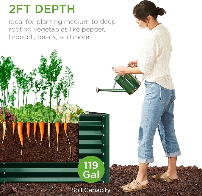 Best Choice Products 4x2x2ft Outdoor Metal Raised Garden Bed, Deep Root Planter Box for Vegetables, Flowers, Herbs w/ 119 Gallon Capacity - Dark Green