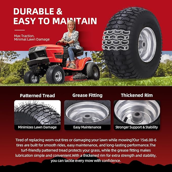15x6.00-6nhs Lawn Mower Tires Tubeless (2 Pack),Replacement Riding Lawn Mower Front Tires,Compatible withRiding Mowers and Lawn Tractor, 3" Centered Hub and 3/4" Bushings（Gray)