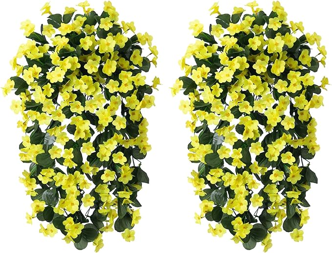 Artificial Fake Hanging Plants Flowers for Outdoor Outside, 2 PCS Faux Silk Yellow Daisy Mums Long Vines UV Resistant Realistic for Home Porch Patio Balcony Planter Decoration