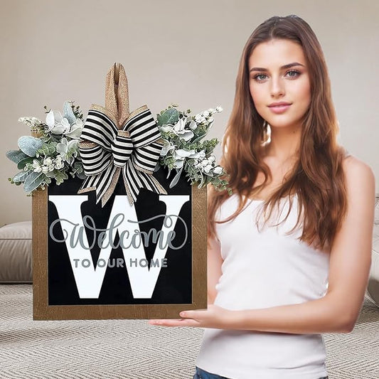Ultra Large 14'' Last Name All Year Round Front Door Wreath with 26 Initial Letter Welcome Sign All Seasons Eucalyptus Garland and Bow Wreaths for Front Door Porch Farmhouse Decoration(W)