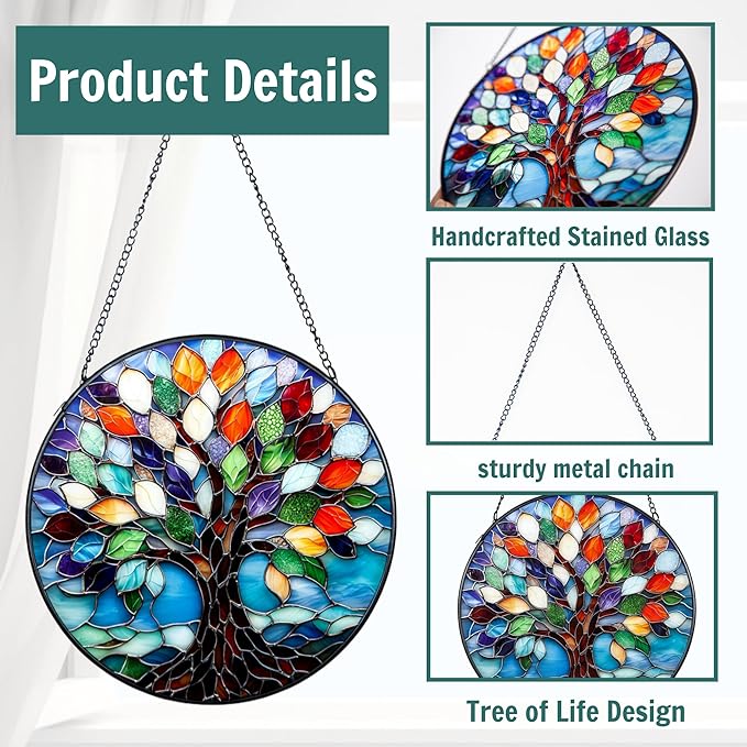 7.8″Tree of Life Stained Glass Window Hanging,Glass Panel Blue Suncatcher for Windows Hanging - Decoration for Home Garden Christmas Party Wedding Housewarming Gifts
