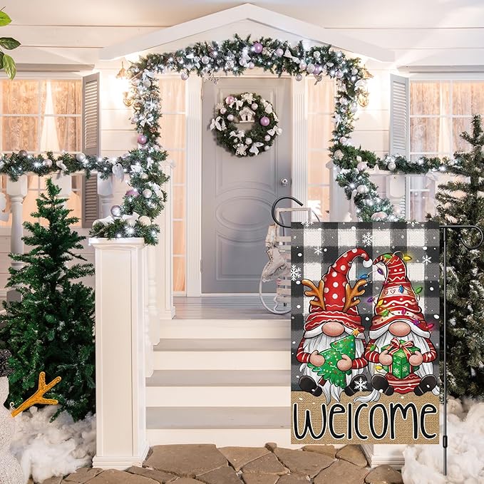 Welcome Christmas Garden Flag，Buffalo Plaid Gnome 12x18 Inch Double Sided Burlap Yard Flag for Winter Farmhouse Holiday Outdoor Decor