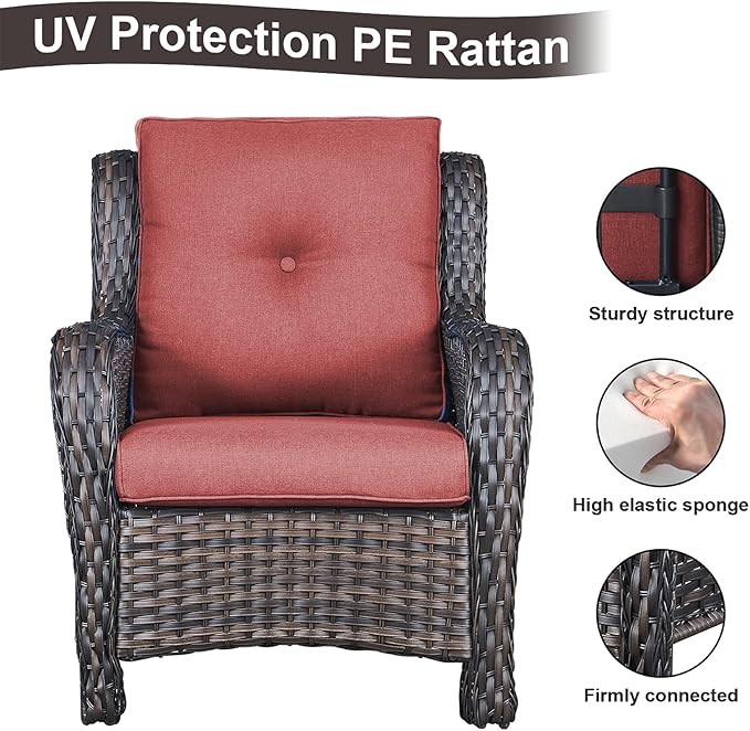 HUMMUH Outdoor Furniture 5 Pieces Patio Furniture Set Wicker Outdoor Sectional Sofa with 2 Patio Chairs,Ottomans(Brown/Red)