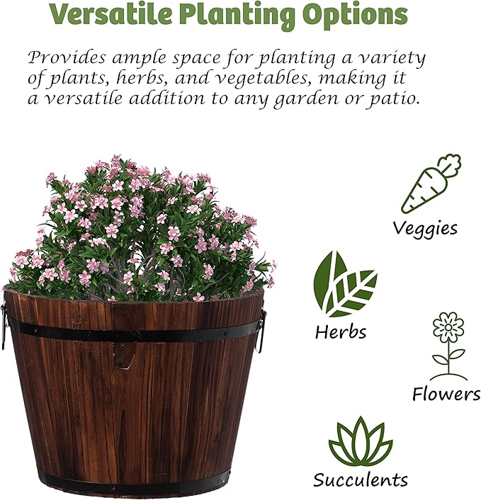 Rustic Wooden Whiskey Barrel Planter with Durable Medal Handles and Drainage Hole - Perfect for Indoor and Outdoor Plants, Herbs, and Vegetables - Medium
