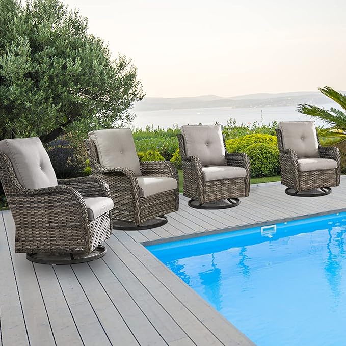 Belord Wicker Chairs 4 PC Outdoor Swivel Rocker Set, Patio Swivel Glider Chairs Set of 4, Grey Wicker Outdoor Furniture with Beige Cushions for Patio Porch Deck Sunroom