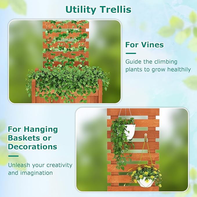 Giantex Set of 2 Wood Raised Garden Bed with Trellis, Outdoor Planter Box w/Open-Ended Base for Vines Flowers Vegetables, Herbs, Freestanding Plant Container Privacy Planters for Patio, Backyard