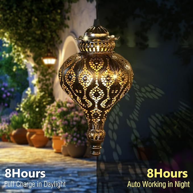 Moroccan Solar Lanterns Outdoor Waterproof Bronze Hanging Lanterns Outdoor Ramadan Garden Decor Gardening Gifts for Women Mom Grandma Solar Lights for Patio, Pathway, Yard, Porch, Backyard.