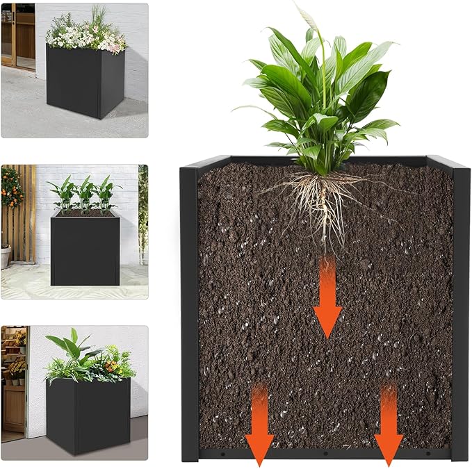 20 & 24 &17 Inch Square Steel Planter Box with Drainage - Modern Tall Cube Planters for Indoor & Outdoor Use,Large Contemporary Flower Pot for Patio, Garden, Deck & Houseplants (Black, 17Inch)