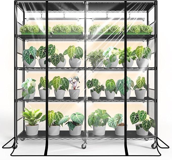 Bstrip Indoor Greenhouse with Grow Light, Large Plant Shelf with 8 Pack T8 Full Spectrum Plant Lights and cover, mini greenhouse for Indoor Plant, Seed Starting (58" L x 13.8" W x 59" H)