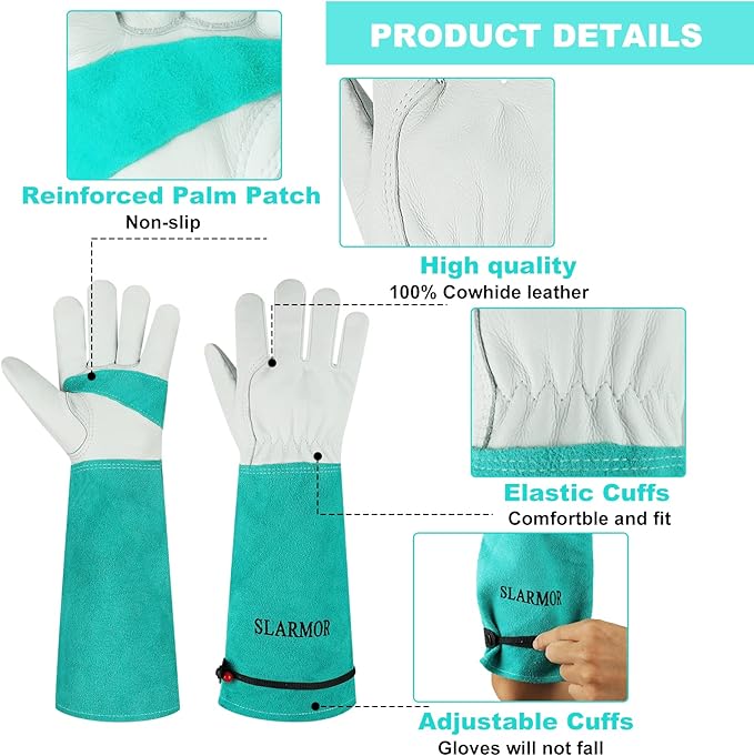 SLARMOR Long Gardening-Gloves Women/Men - Thorn proof Rose Pruning Heavy Duty Gauntlet, Best Garden Gifts for Gardener (Medium, Green)