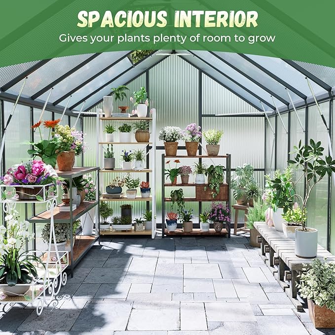 8x10FT Greenhouse for Outdoors, Galvanized Steel Frame Winter Green House w/ Adjustable Roof Vent, Lockable Door Handle &DrainageSystem, Walk-in Greenhouses for Outside Garden Backyard