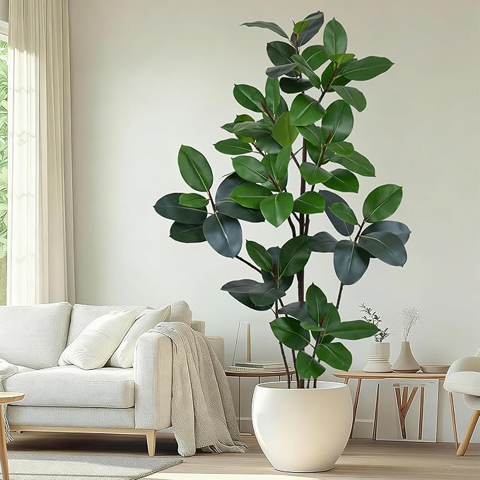 6FT Artificial Green Rubber Tree - 72" Faux Trees Indoor with 70 Lifelike Vivid Leaves and 10 Heads, Tall Fake Potted Plant for Home Office Living Room Decor Housewarming Gift