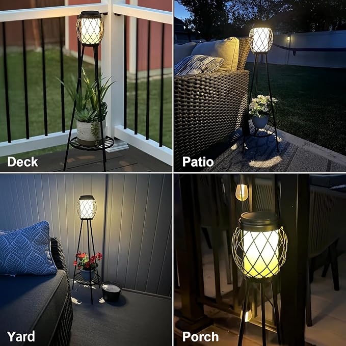 MXwcy Solar Lights Outdoor with Plant Stands 2 Pack, Solar Floor Lamp Metal Tripod Patio Lights for Garden Yard Pathway Driveway Front/Back Porch Decoration