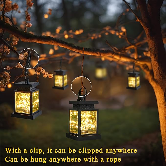 JHY DESIGN Set of 6 Solar Lantern Lights Outdoor Waterproof Solar Powered Table Lamp Hanging Lighting with Warm LED Fairy String Lights for Patio Garden Landscape Decoration Yard Lawn（with Clamp）