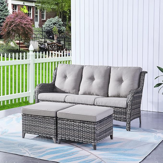 HUMMUH Outdoor Furniture 5 Pieces Patio Furniture Set Wicker Outdoor Sectional Sofa with 2 Patio Chairs,Ottomans