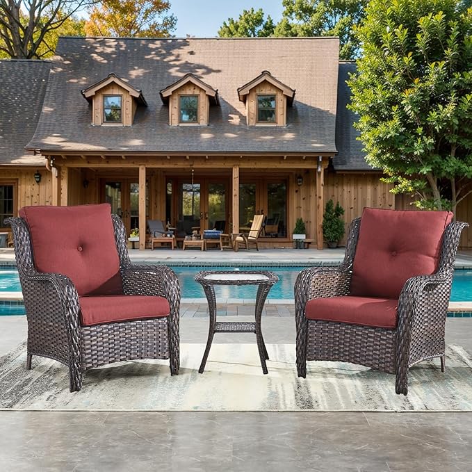 HUMMUH 3 Pieces Patio Bistro Set Wicker Patio Chairs Set of 2 with Tempered Glass Top Side Table Rattan Outdoor Furniture Conversation Set for Yard,Garden,Porch (Brown/Red)